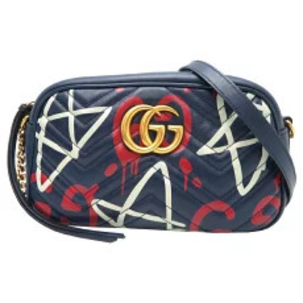 Gucci GG Marmont Grafitti Ghost Shoulder Bag Leather Navy Blue
